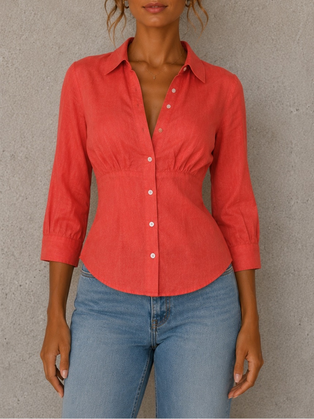 Talbots Pure Irish Linen Button Front Blouse Coral Orange Petite 6P Coastal